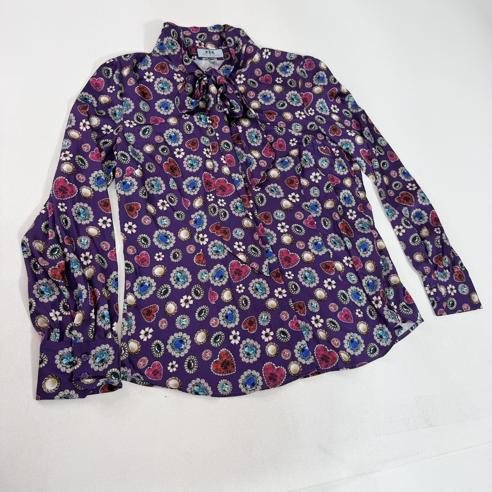 Hawes & Curtis Blouse Womens UK 18 Purple Jewel Heart Print Tie Neck Shirt